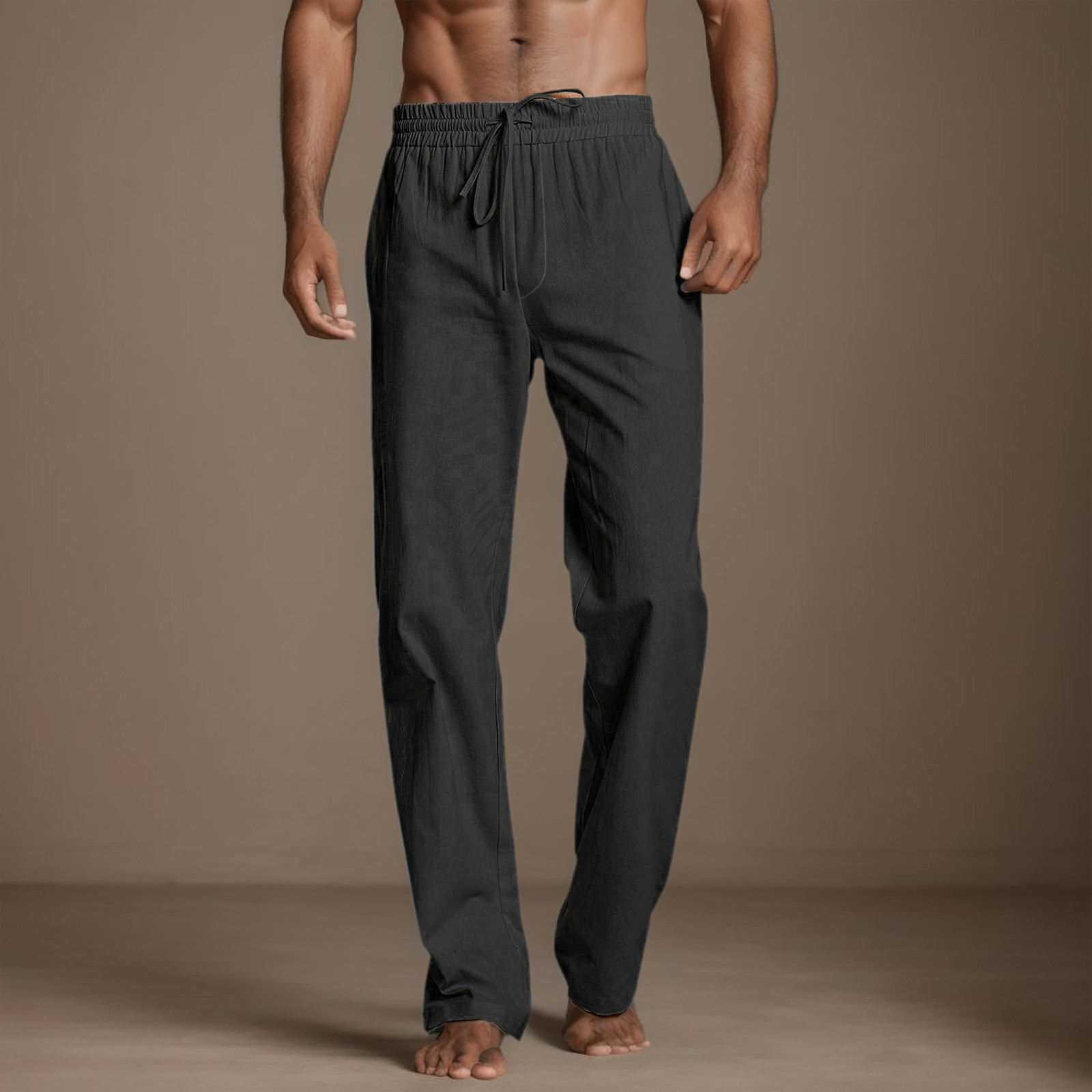 thumbnail image 2 of Pantalones casuales lisos de hombre, largos, rectos, con cordón y bolsillos - Poliéster, cómodos/elásticos, ropa de verano, se ajustan a la talla real, 2 of 7